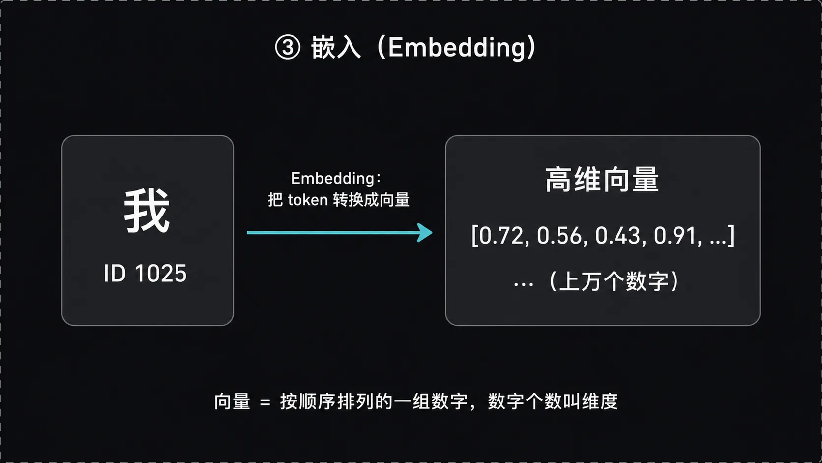 嵌入：token 转换为高维向量